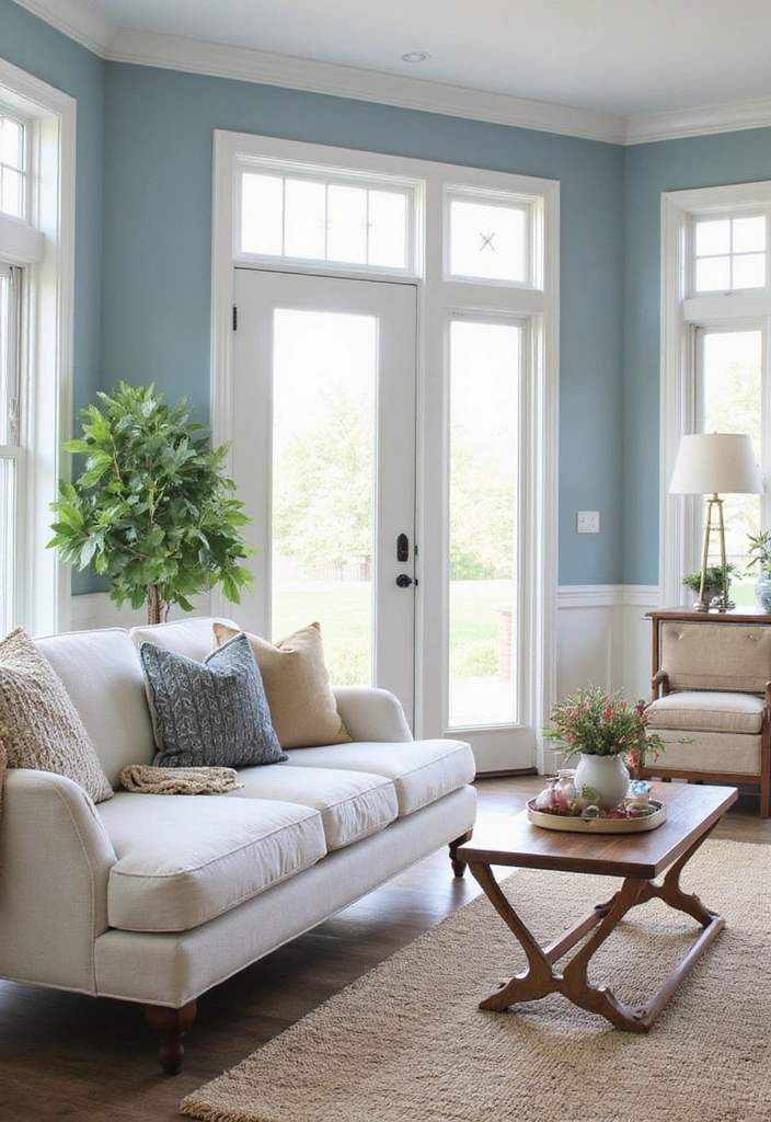 Seasonal Coastal Decor Refresh with Soft Blue Walls and White Charcoal Sofa