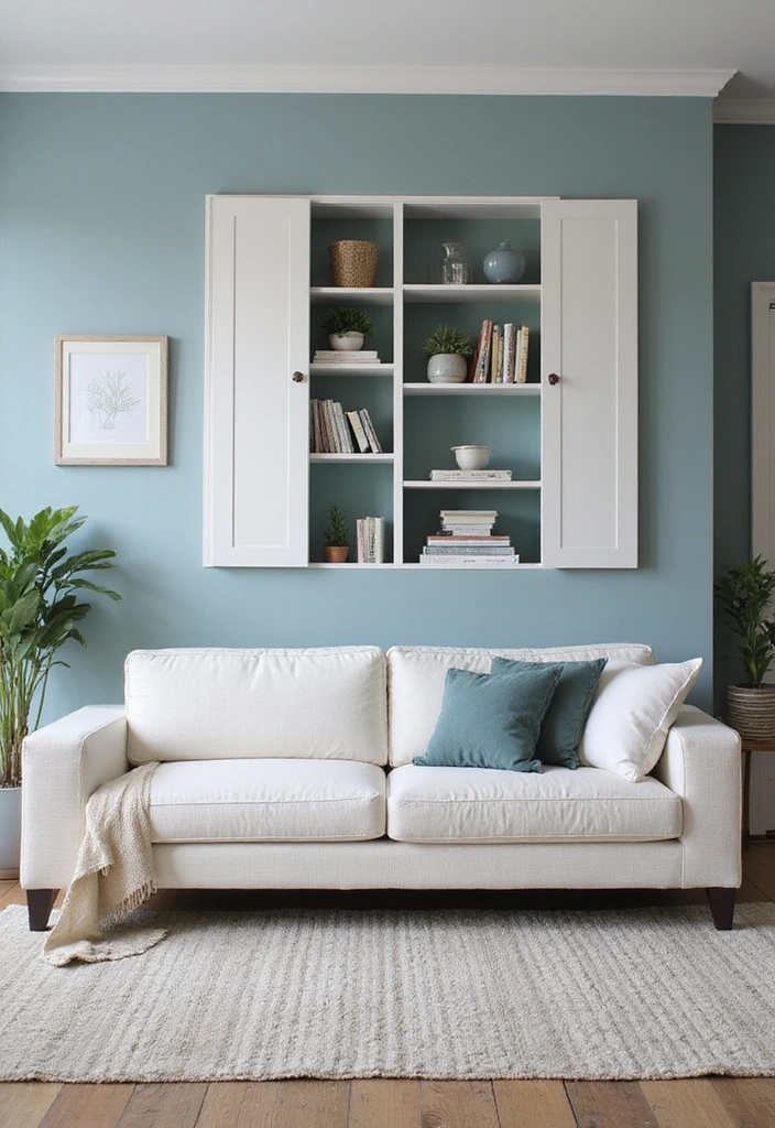 Smart Organization in Coastal Decor with Soft Blue Walls and White Charcoal Sofa