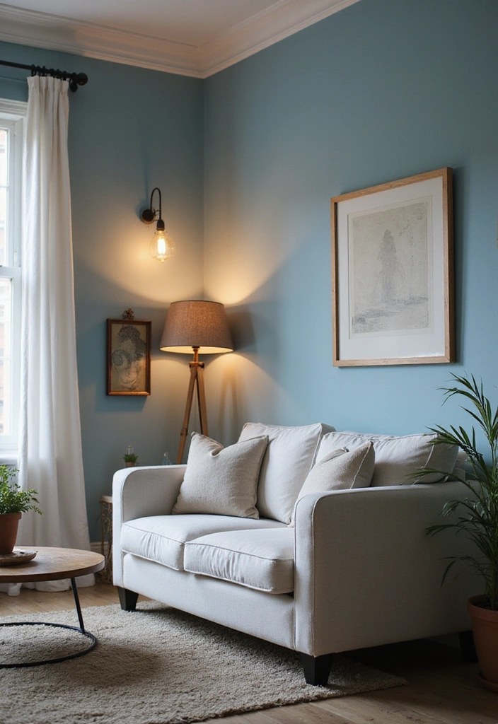 Soft Lighting in Coastal Decor with Soft Blue Walls and White Charcoal Sofa