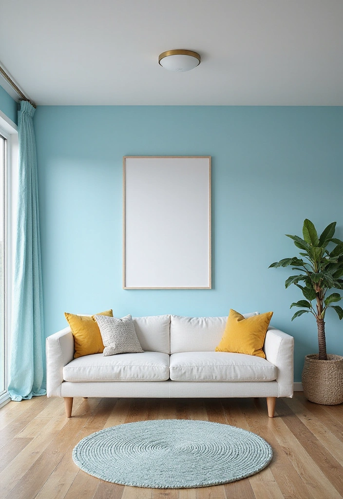 Whimsical Coastal Decor with Soft Blue Walls and White Charcoal Sofa