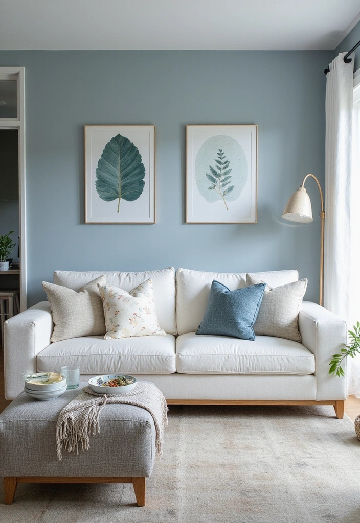 Coastal Living with Soft Blue Walls and White Charcoal Sofa