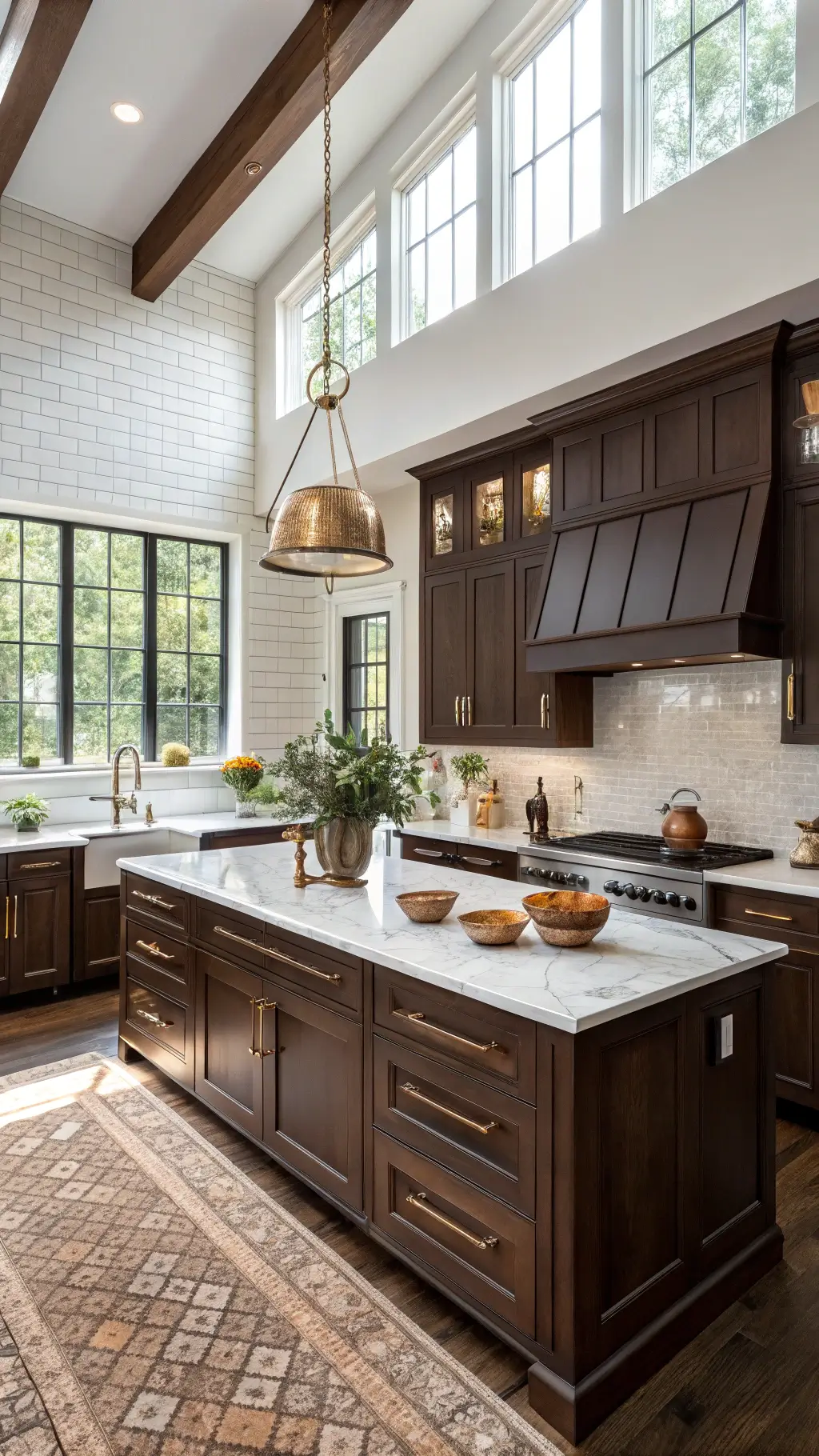 Spacious kitchen featuring espresso brown shaker cabinets with marble waterfall island and brass hardware