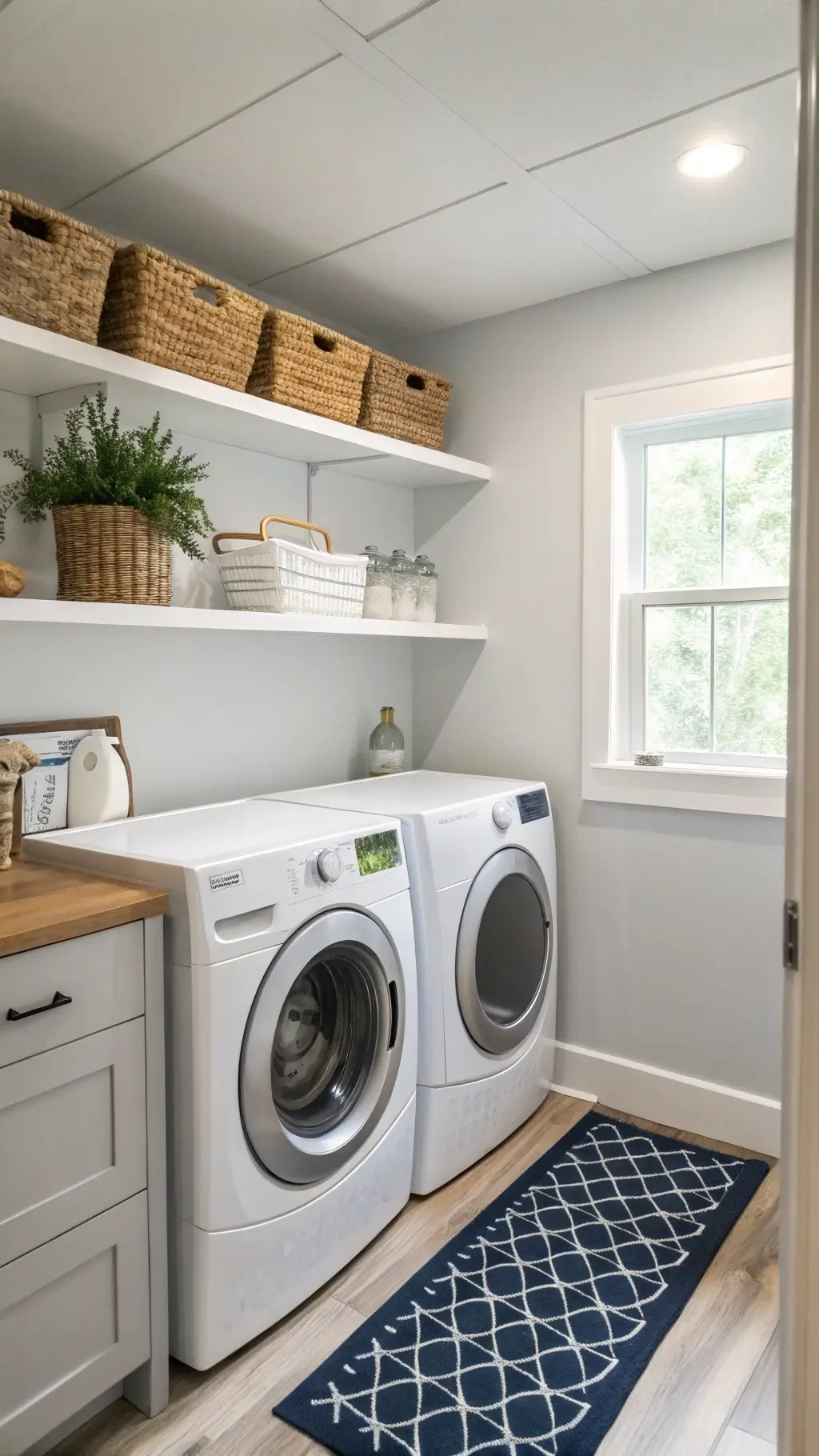 Modern minimalist coastal laundry room with white appliances, light gray walls, floating shelves, clear glass dispensers, seagrass baskets, eucalyptus sprigs, navy blue geometric runner on wooden vinyl flooring, LED strip lighting, bathed in morning light