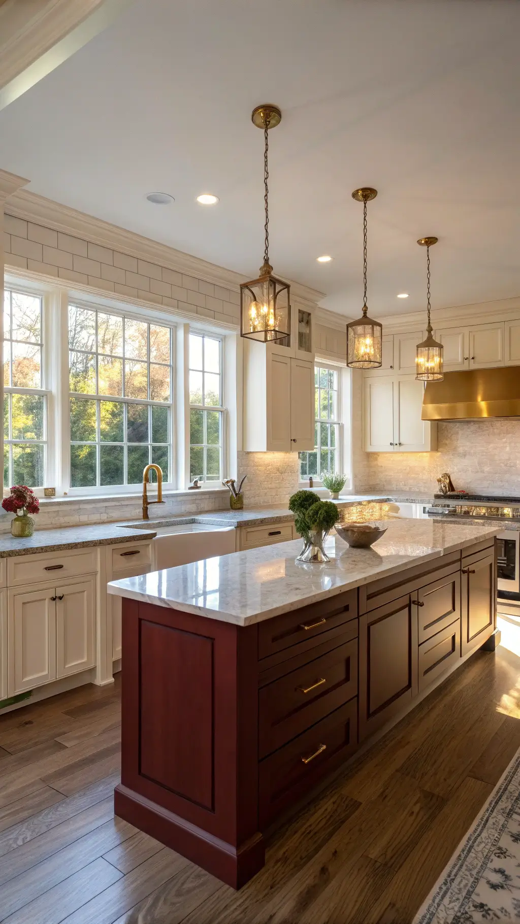 Two-toned kitchen with burgundy and cream cabinets, marble waterfall island, brass pendant lights, subway tile backsplash, wide oak floors, vintage hardware, and herbs on the windowsill during golden hour