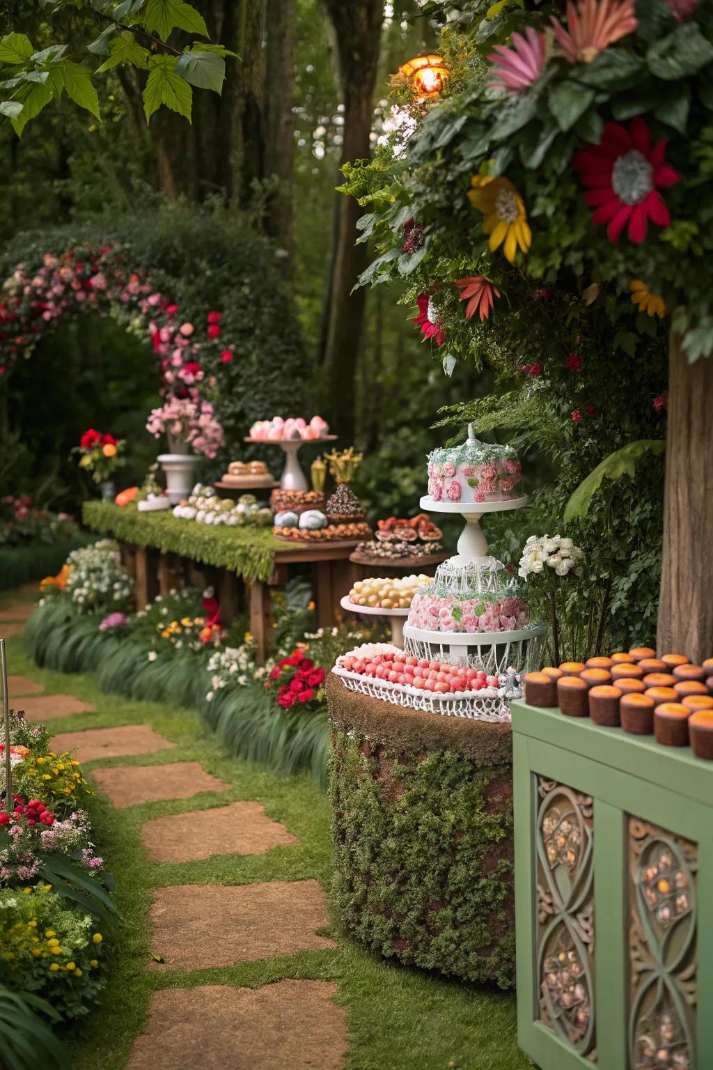 A whimsical garden-themed candy station bursting with vibrant florals and greenery.