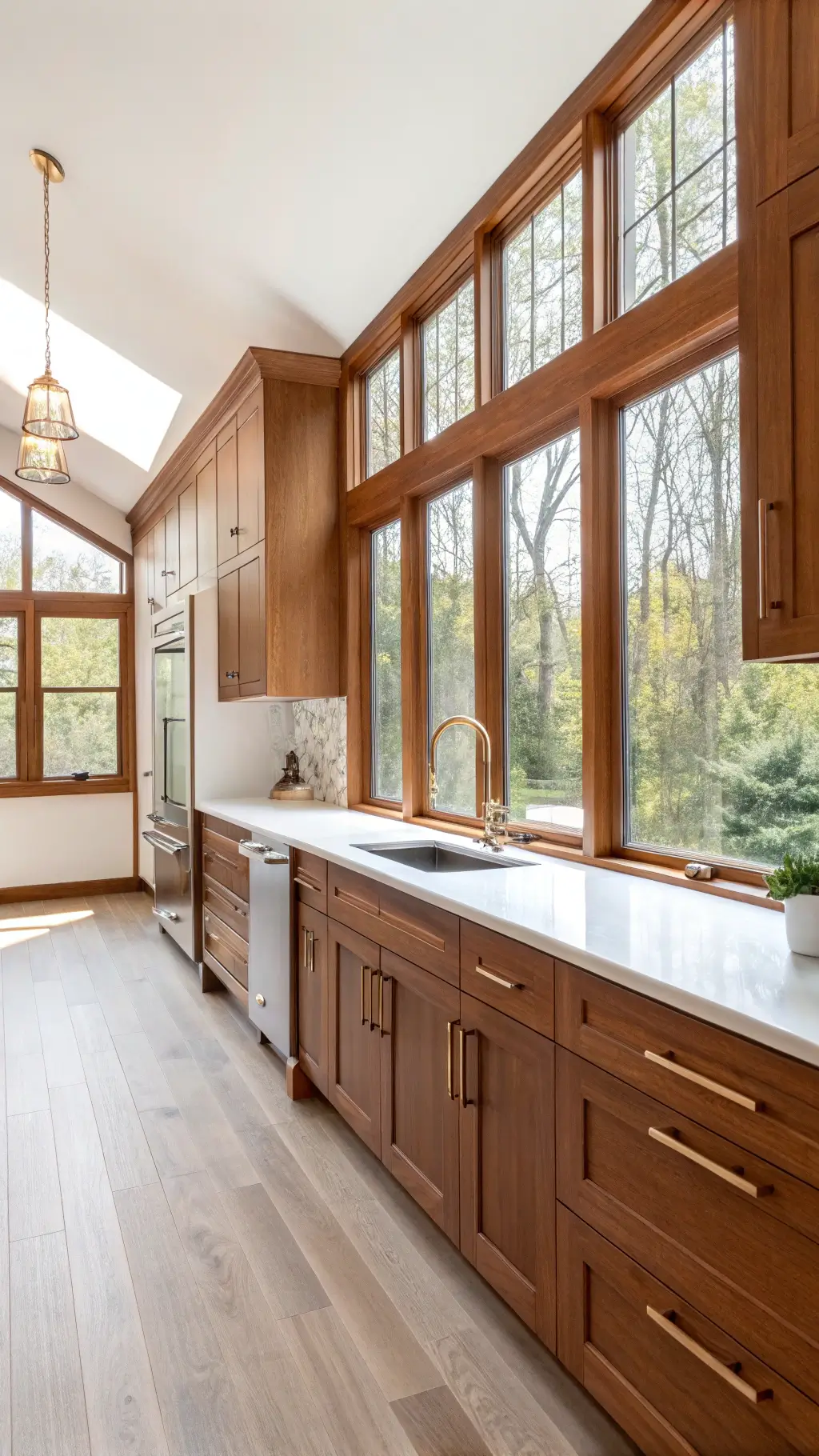 Spacious kitchen illuminated by natural light featuring aged cherry wood cabinets, white quartz countertops, and oak flooring, highlighting intricate grain details.