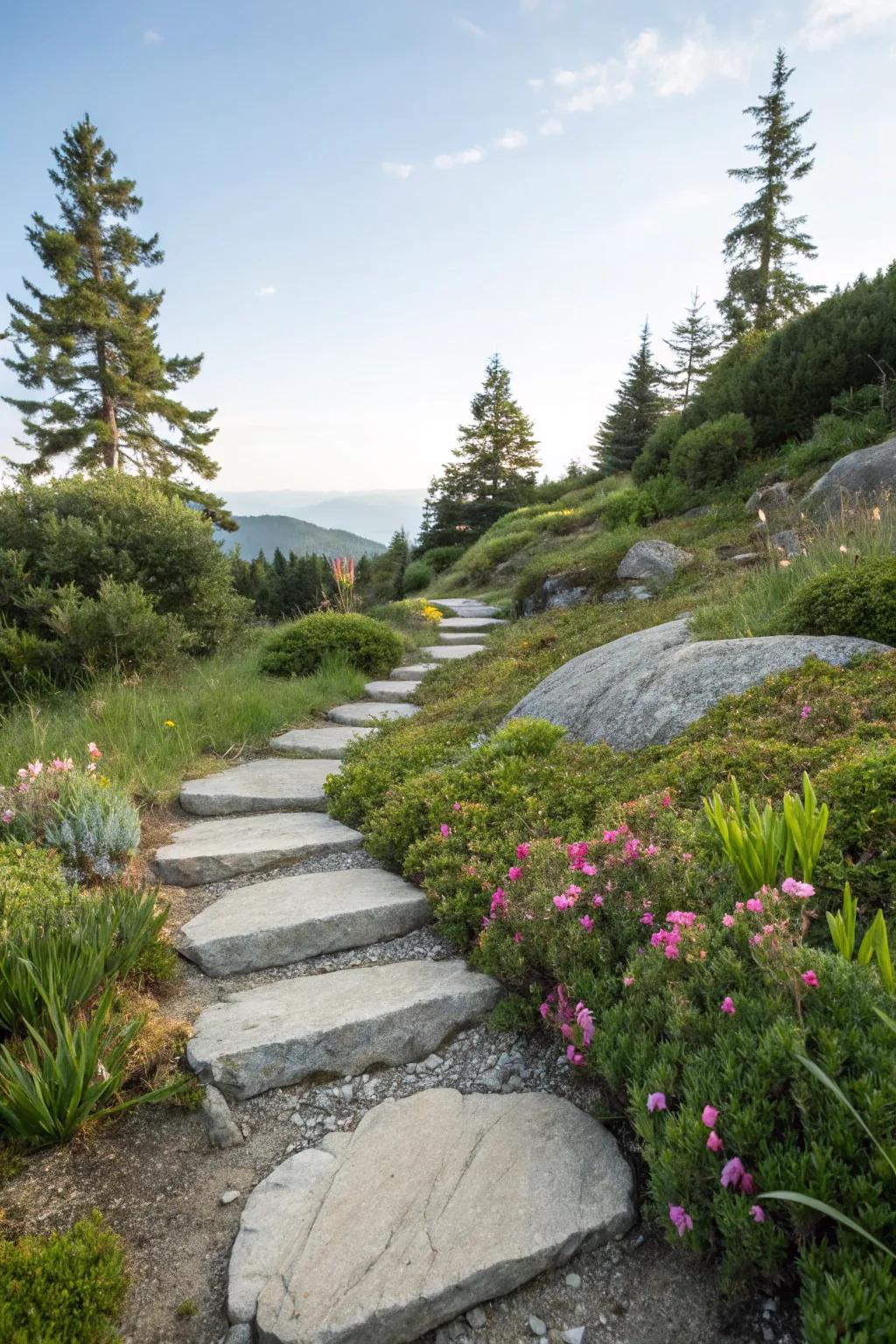 Serene pathway winding through an alpine garden.