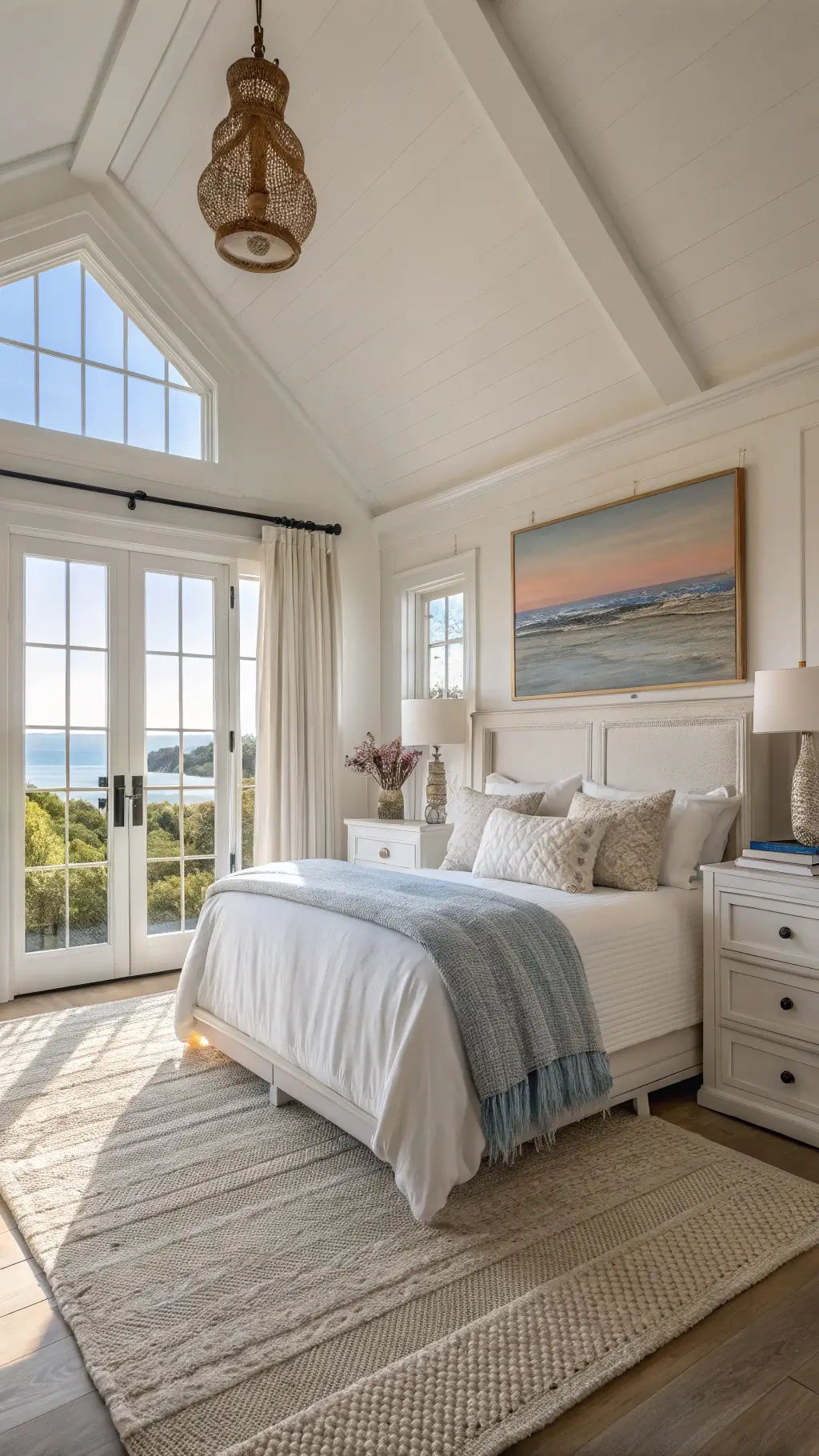 Sunlit bedroom featuring bay windows, ivory slipcovered queen bed, whitewashed oak furniture, layered white linens, blue chunky knit throw, jute rug, and brass sconces around seascape art.