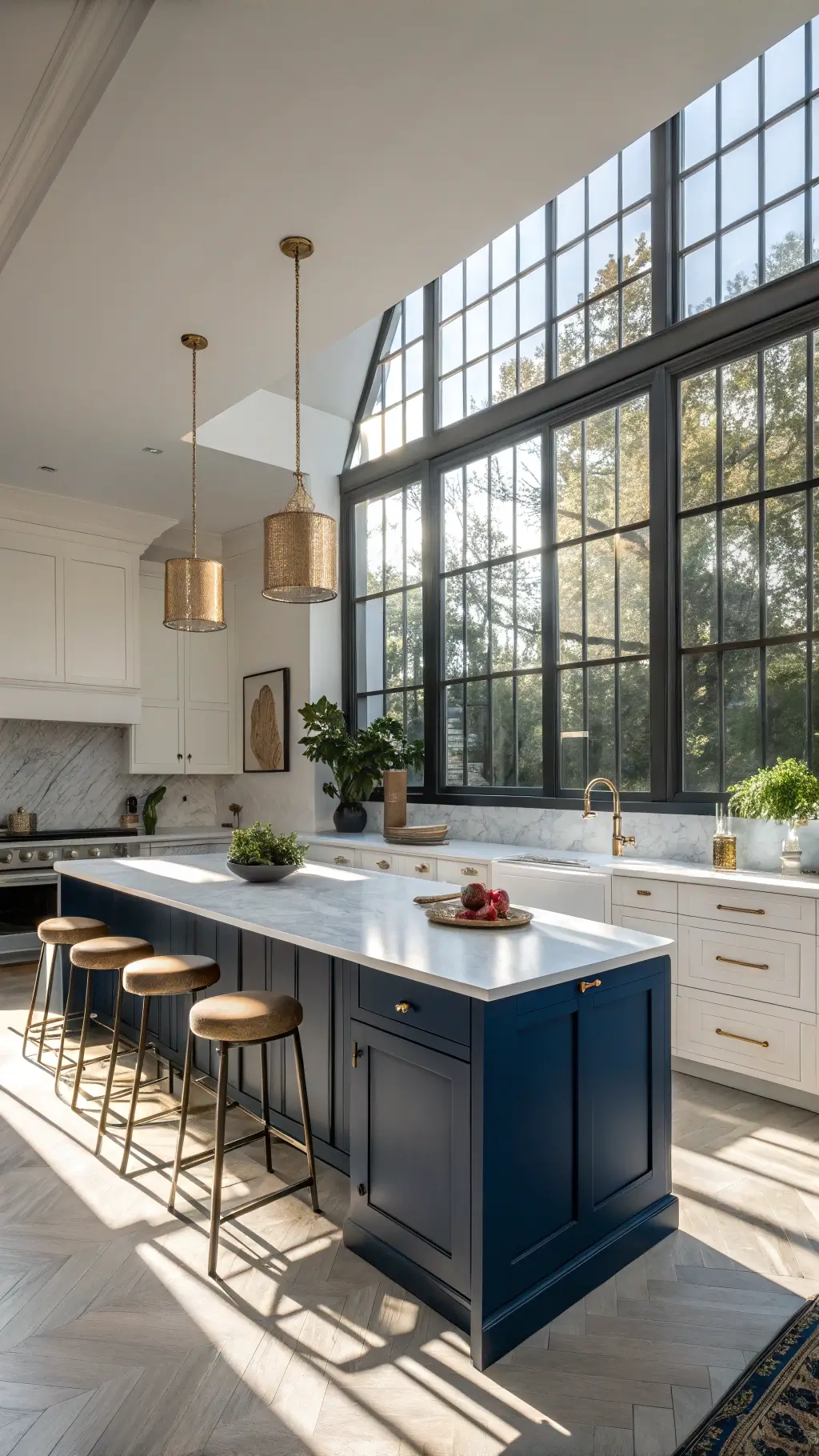 Modern kitchen featuring navy blue cabinets, white quartz countertops, and brass fixtures illuminated by warm golden hour light