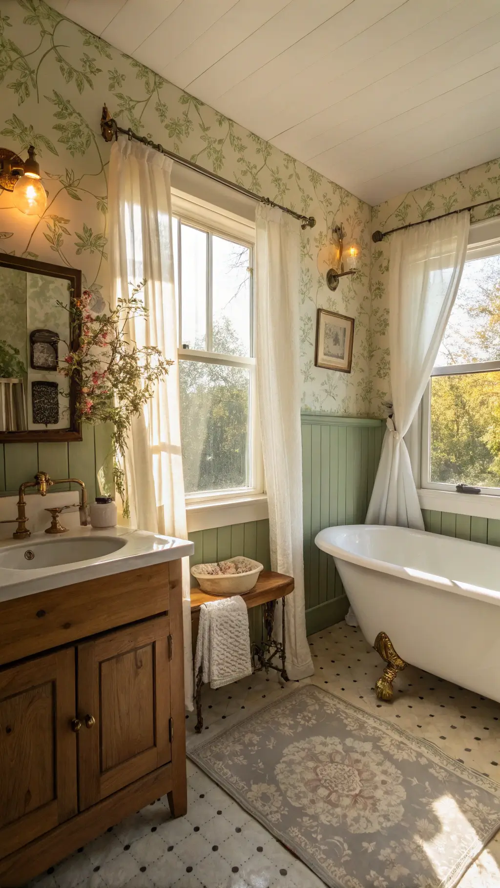 sunny cottagecore bathroom with clawfoot tub by large window, sage green beadboard walls, botanical wallpaper, oak vanity, farmhouse sink, hexagonal cream floor tiles, dried lavender and potted herbs on windowsill, vintage brass sconces