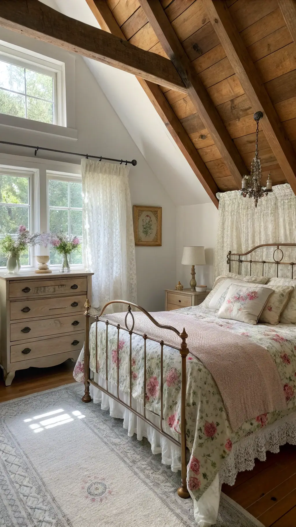 Sunlit bedroom with vaulted wooden ceiling, vintage iron bed covered in floral quilts, antique oak dresser, dried lavender, and milk glass vases showcasing cozy grandeur in soft morning light.