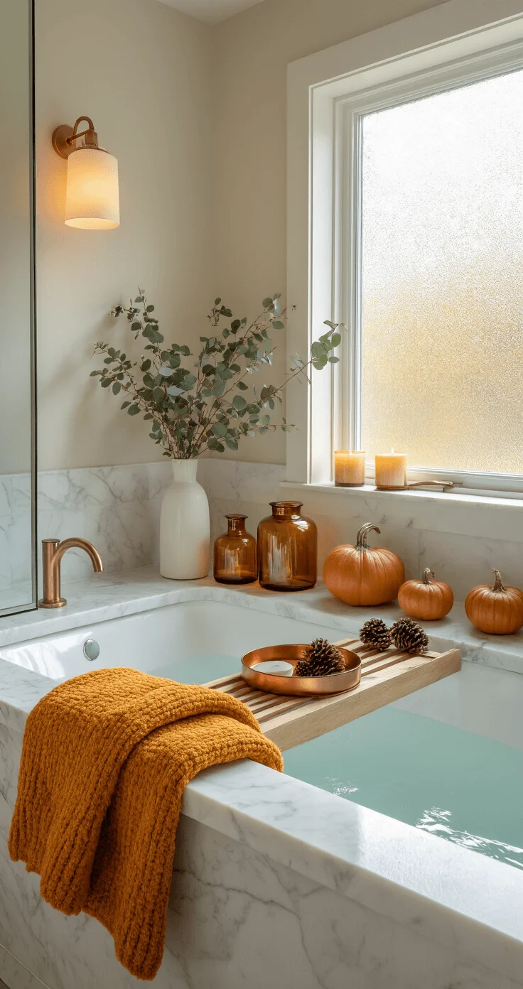 Contemporary bathroom showcasing white marble countertops adorned with amber glass accessories and terracotta ceramic pumpkins, illuminated by soft morning light through a frosted window. A freestanding white tub is accented with a burnt orange towel and candles, complemented by eucalyptus sprigs and pine cones arranged on a copper tray, creating an inviting and elegant ambiance.