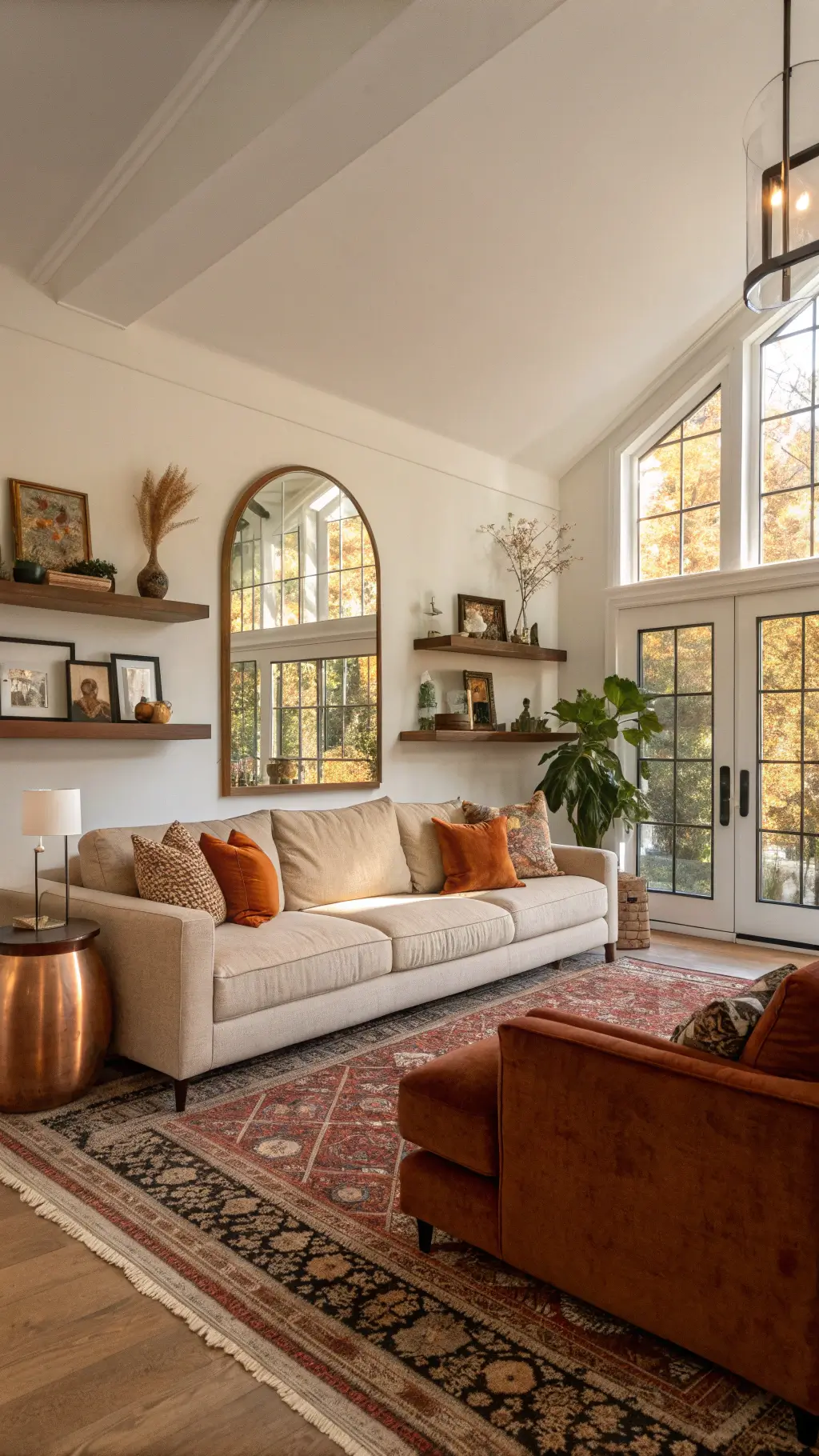 Sunlit living room with plush oatmeal sectional, accent wall, copper-framed mirror, floating walnut shelves, copper vases, brass floor lamp, and Persian rug