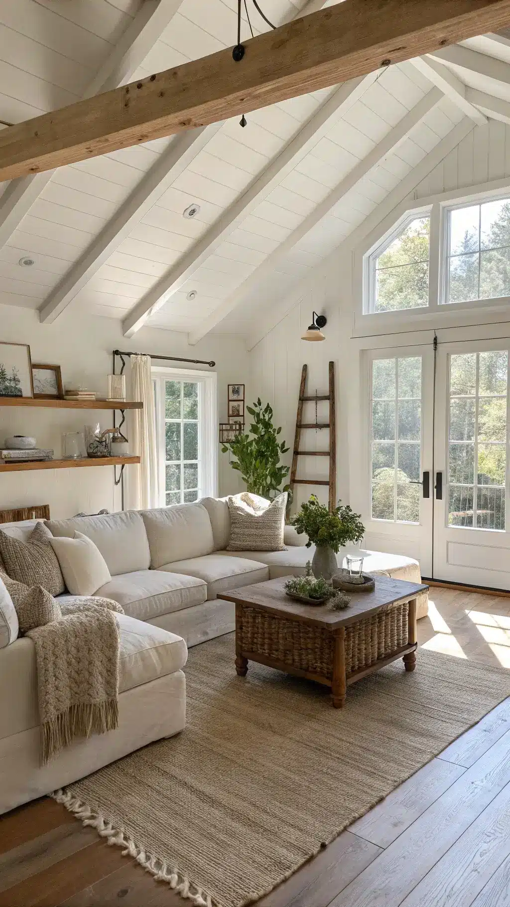 Sunlit farmhouse living room with vaulted ceiling, white beams, cream sectional sofa, knit throws, reclaimed oak coffee table on a layered rug, French doors, hardwood floors, ladder shelf, pottery and plants viewed from corner