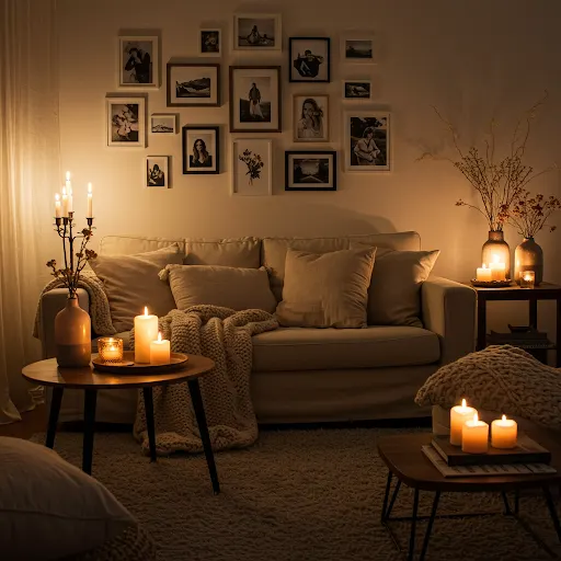 Cozy living room with warm lighting and decor accents