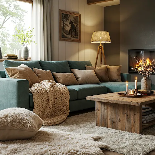Cozy living room with warm lighting and textured textiles