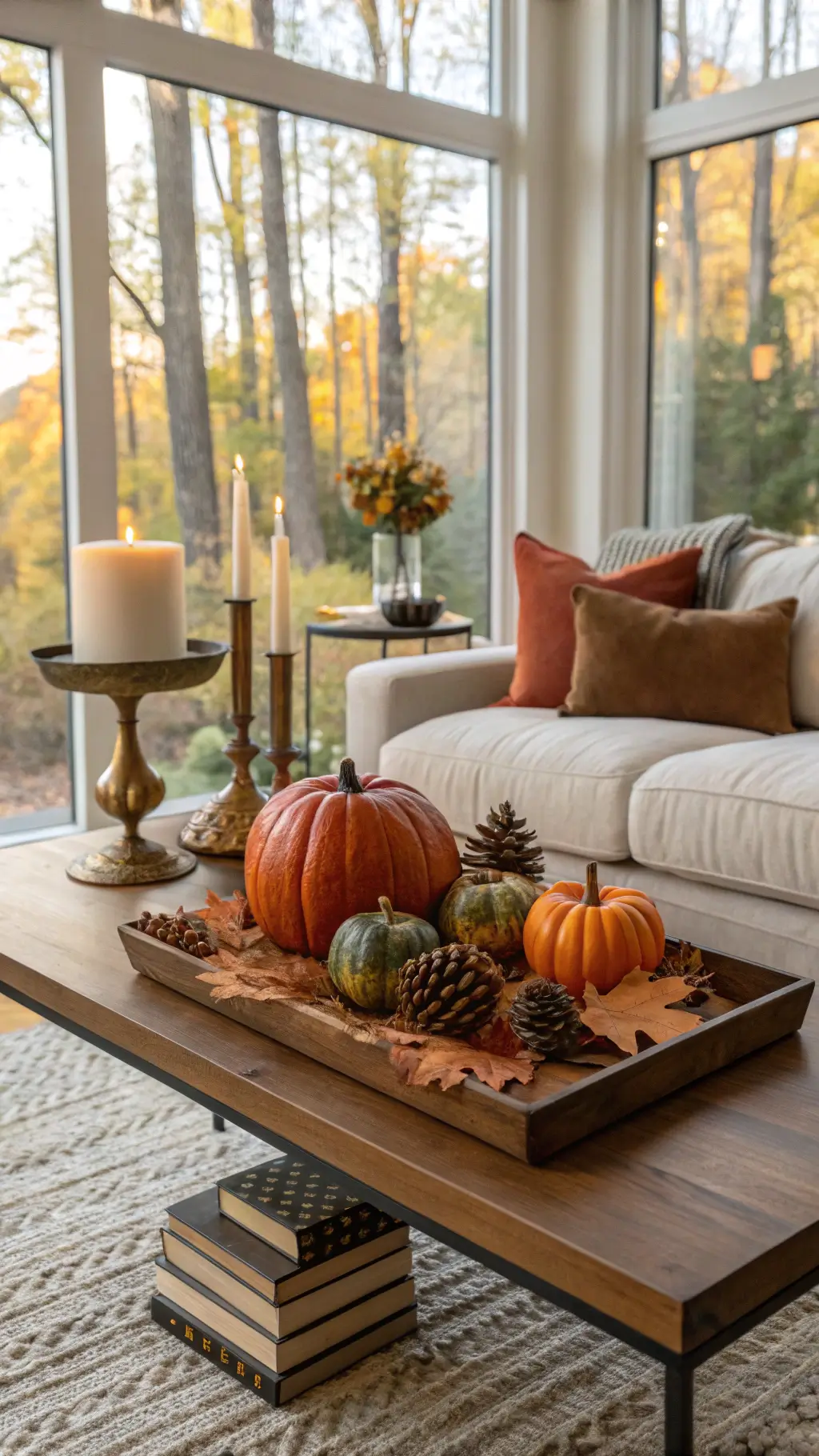 Golden hour light illuminating a cozy autumn centerpiece in living room featuring velvet pumpkins, brass candlesticks, vintage books, oak leaves, and pine cones on modern walnut coffee table.