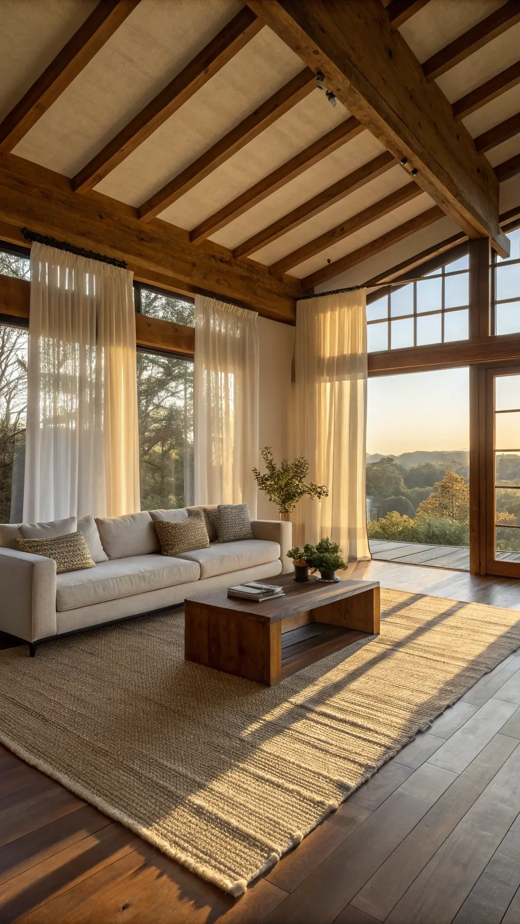 Sunlit spacious living room with wooden beams, floor-to-ceiling windows, walnut platform sofa, stone coffee table, and handwoven jute rug on weathered oak flooring, styled minimally with ceramics and an ikebana arrangement in a palette of cream, charcoal, and warm wood tones.