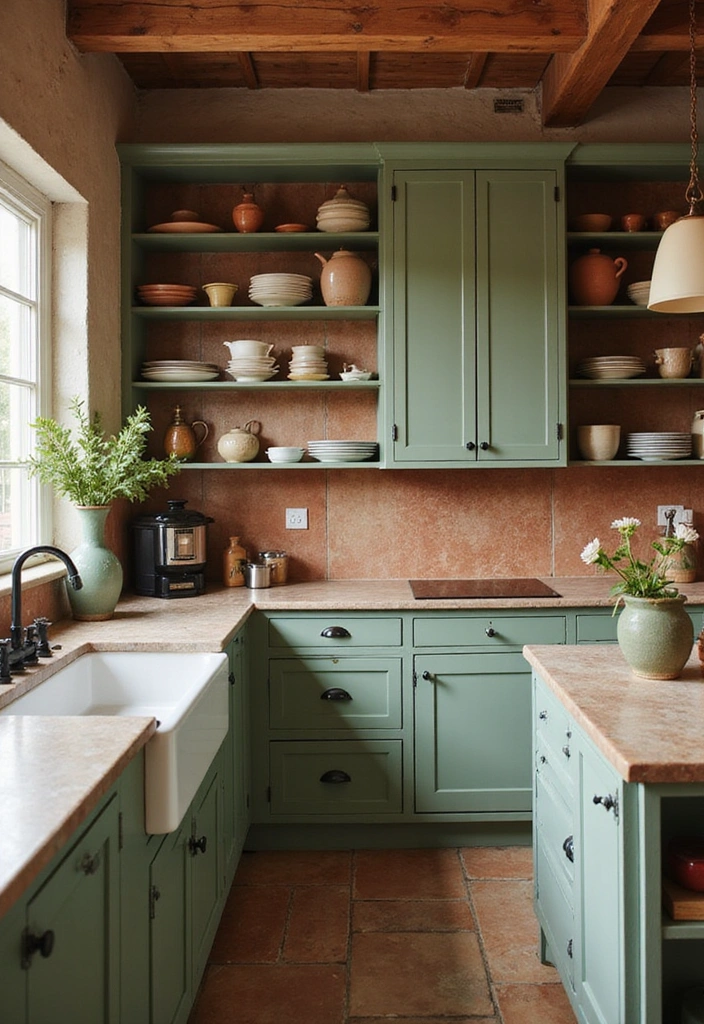 Sage Green Kitchen with Terracotta Tiles