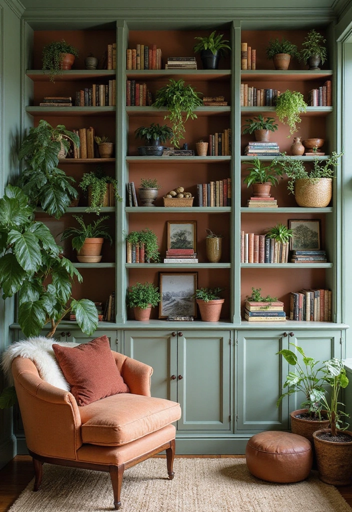 Cozy Home Library with Terracotta and Sage Green