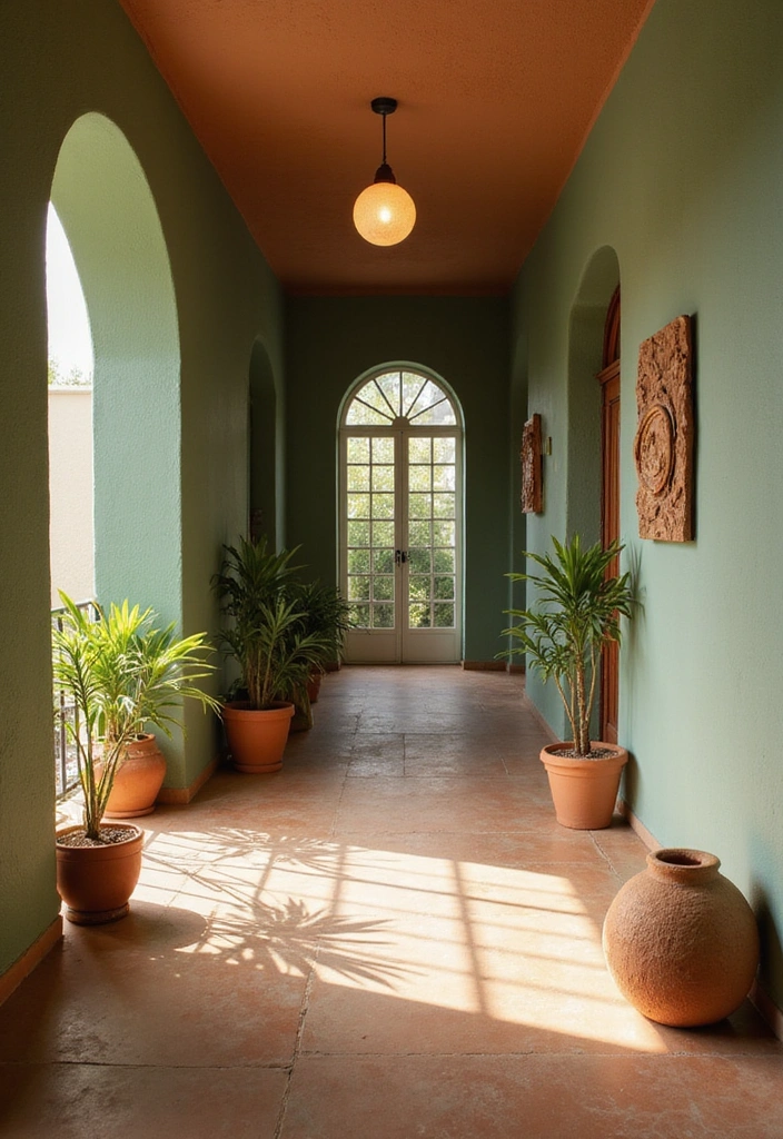 Inviting Hallway with Terracotta and Sage Green
