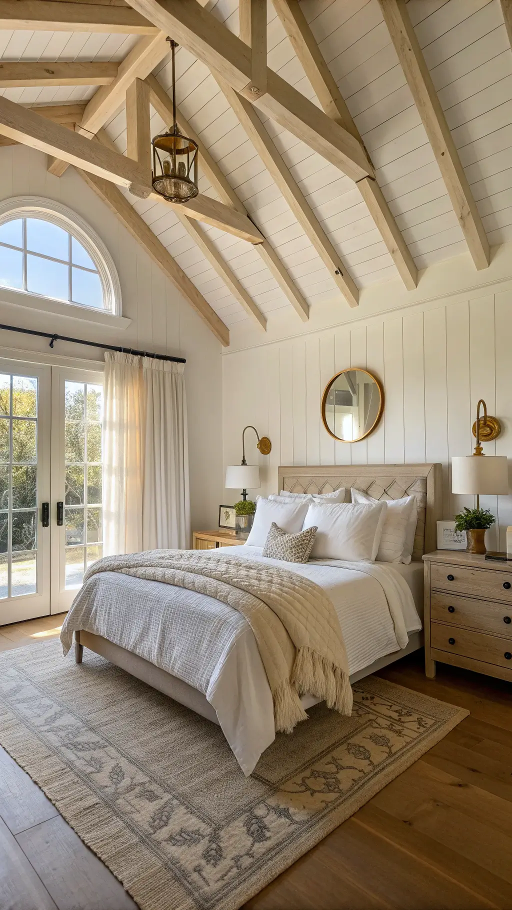Sunlit master bedroom with vaulted ceiling, king-sized bed, oak nightstands, jute rug, and vintage brass mirror shot at golden hour