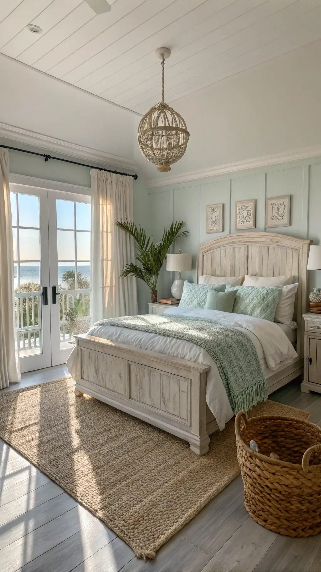 Sundrenched coastal bedroom with seafoam green linen on whitewashed queen bed, gray-blue walls, layered jute and wool rugs, potted palm, driftwood lamps captured at golden hour