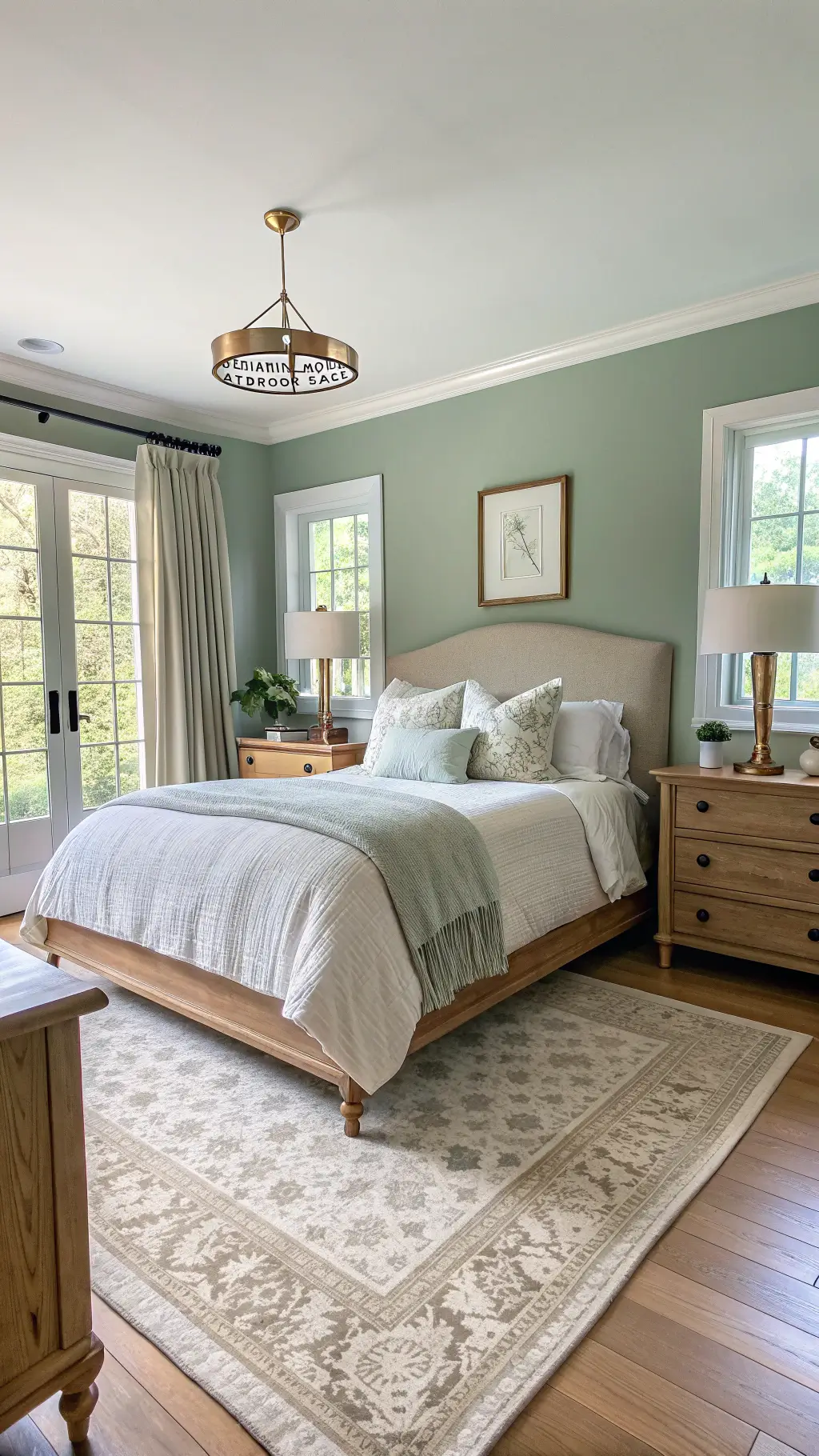 Spacious bedroom with sage green walls, king-sized bed with cream linen bedding, white oak nightstands, brass mirror, and natural jute rug under soft lighting