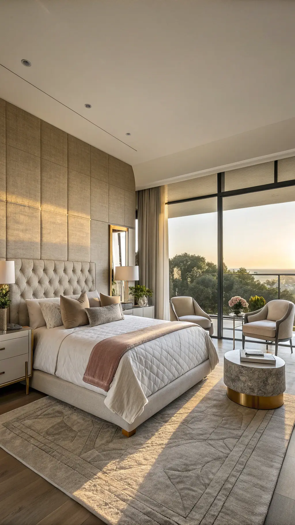 Sunlit spacious master bedroom with king-size bed, textured grasscloth wall, layered bedding, brass bedside tables, ceramic lamps, seating area, marble coffee table and Persian rug in serene luxury ambiance.