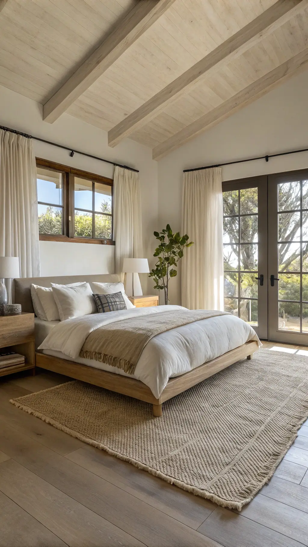 Minimalist bedroom bathed in golden hour light featuring a bleached oak platform bed with ivory linen, oversized windows, sheer curtains, jute rug, olive tree, and ceramic lamps on raw wood nightstands accented by cream wool throw vessels.