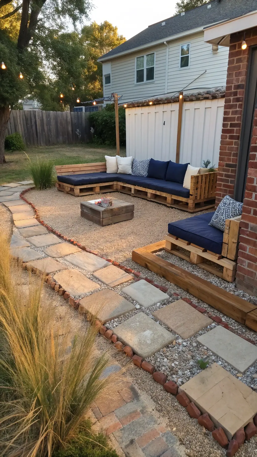 Sunlit backyard patio with gravel foundation, reclaimed brick border, natural stone path, ornamental grasses, and handcrafted L-shaped wood seating with navy and cream cushions
