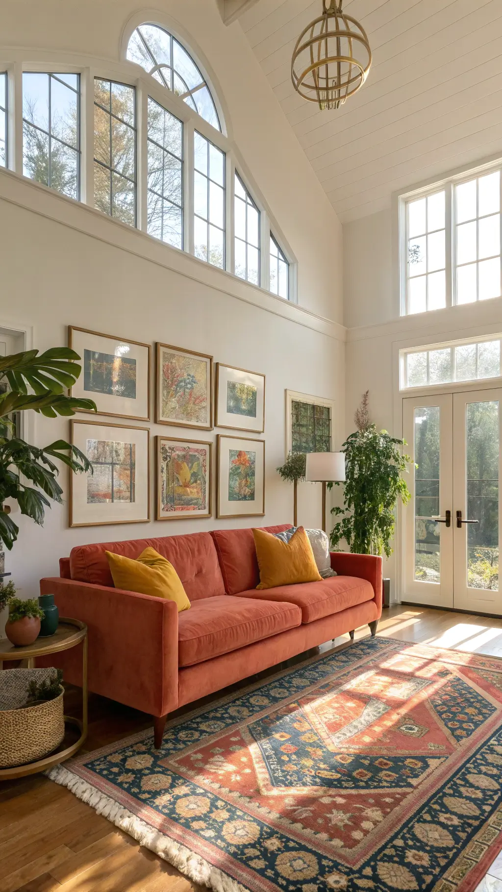 Sunlit living room with coral velvet sofa, colorful cushions, layered rugs, brass lamp, gallery wall, and trailing plants