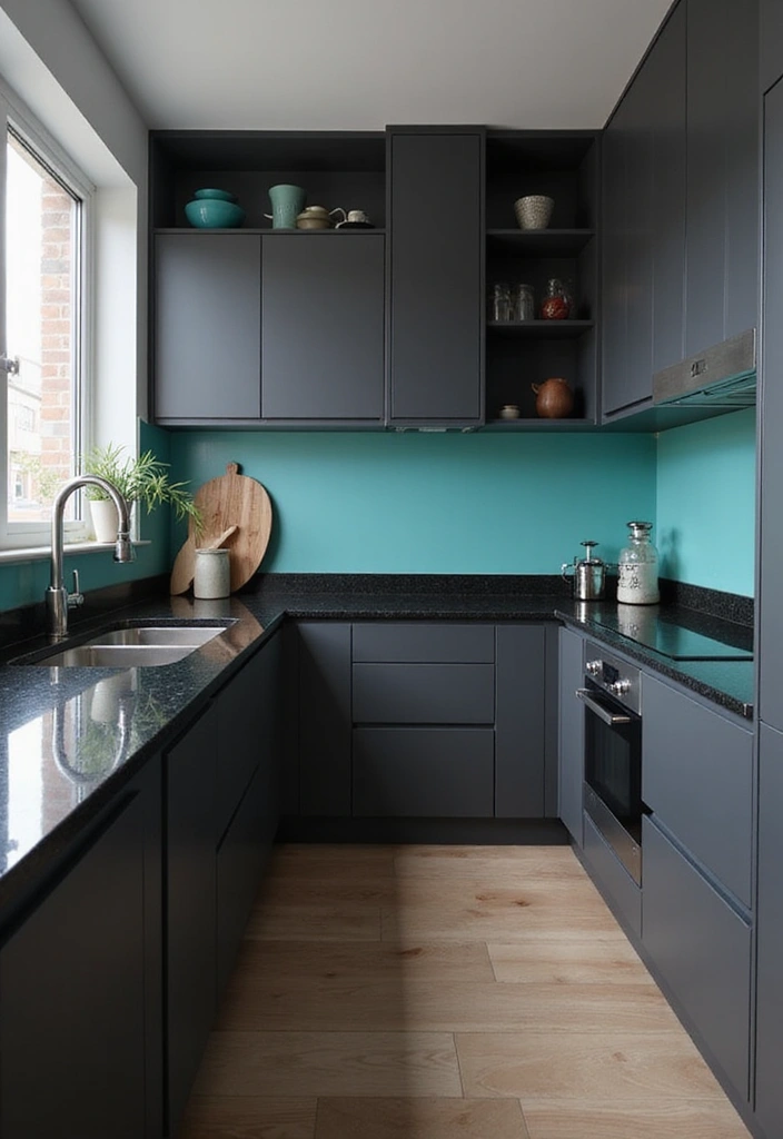 Striking Charcoal and Teal Kitchen with Black Countertops