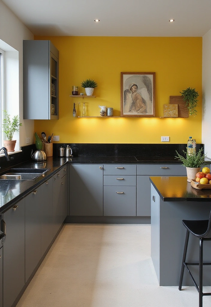 Bright Grey and Yellow Kitchen with Black Countertops