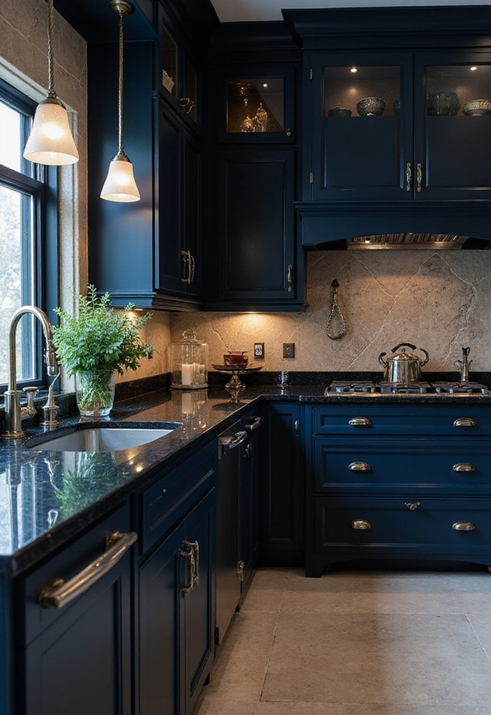 Luxurious Navy and Silver Kitchen with Black Countertops