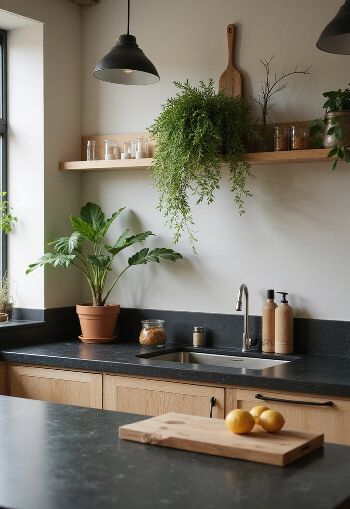 Fresh Natural Greens and Beige Kitchen with Black Countertops