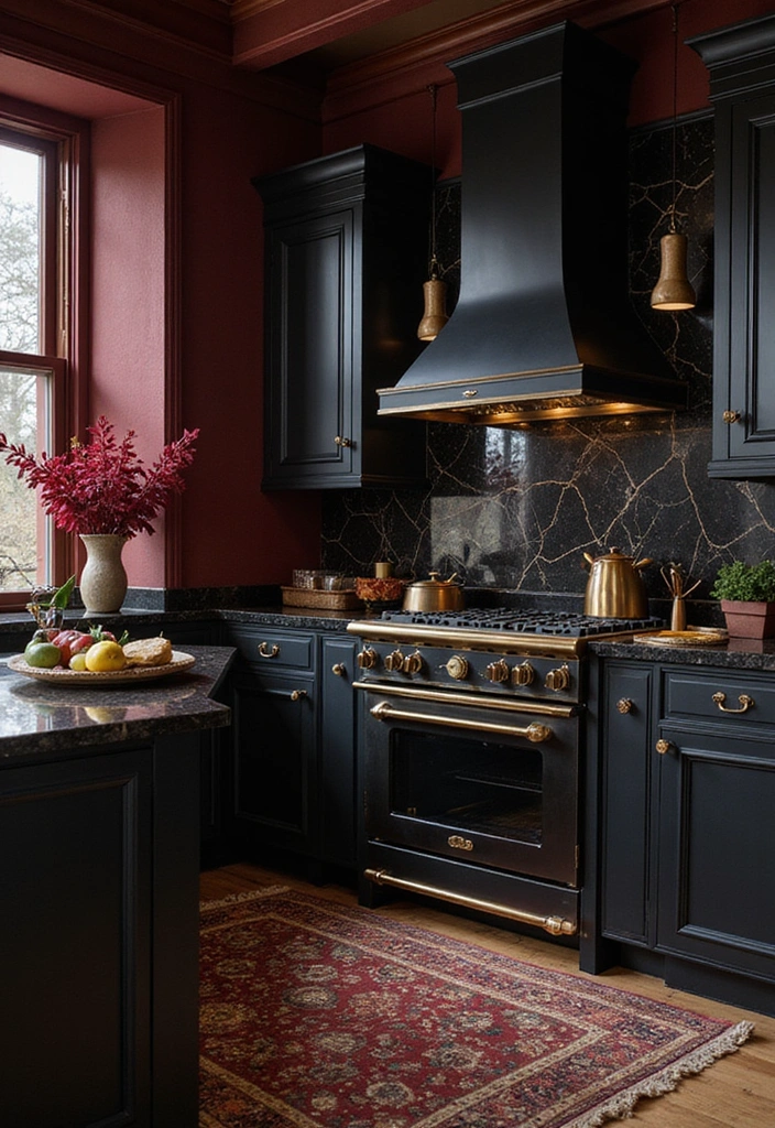 Opulent Burgundy and Gold Kitchen with Black Countertops