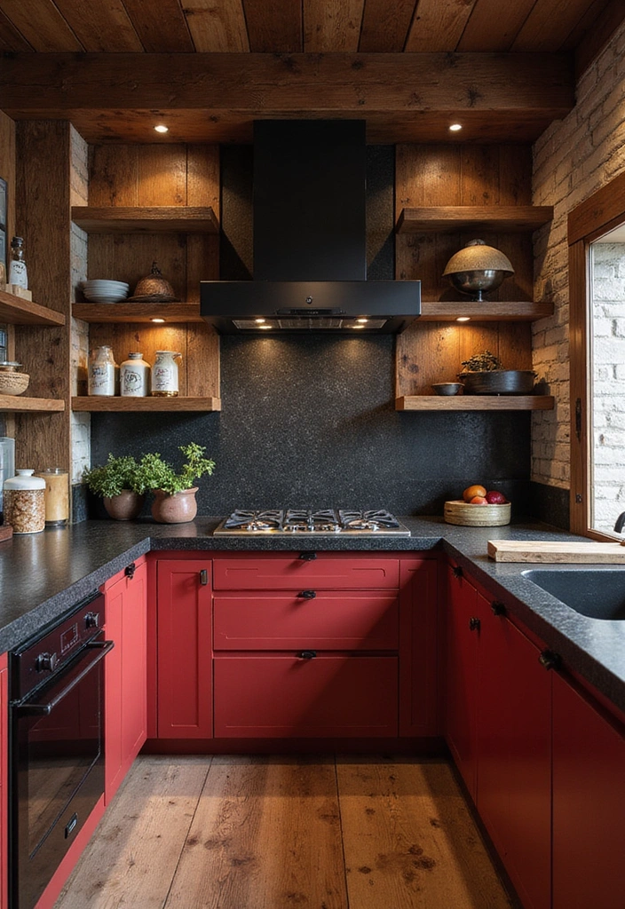 Warm Rustic Wood and Deep Red Kitchen with Black Countertops