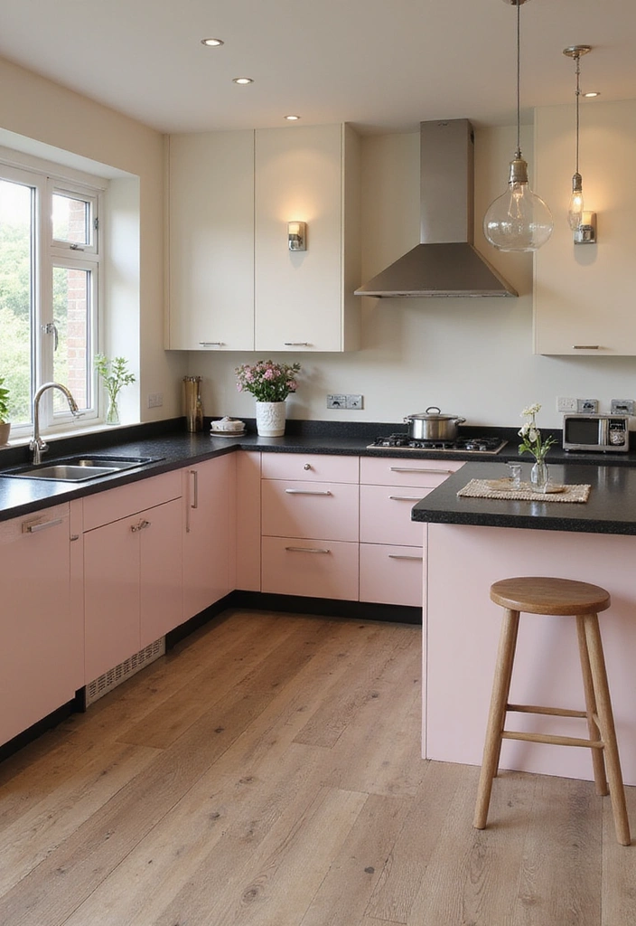 Gentle Blush and Cream Kitchen with Black Countertops