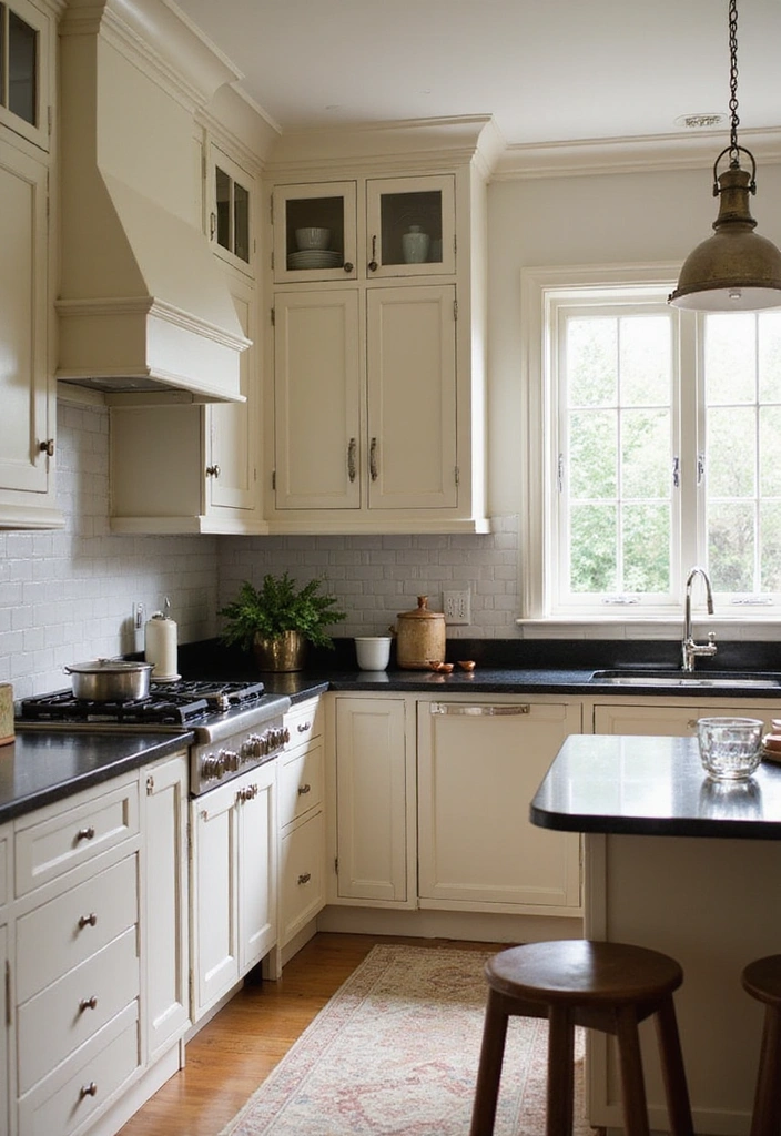 Classic Cream and Black Kitchen with Black Countertops