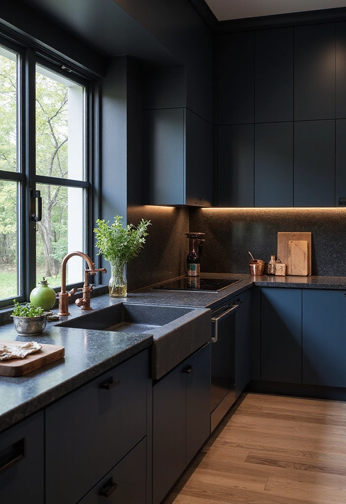 Rich Indigo and Copper Kitchen with Black Countertops