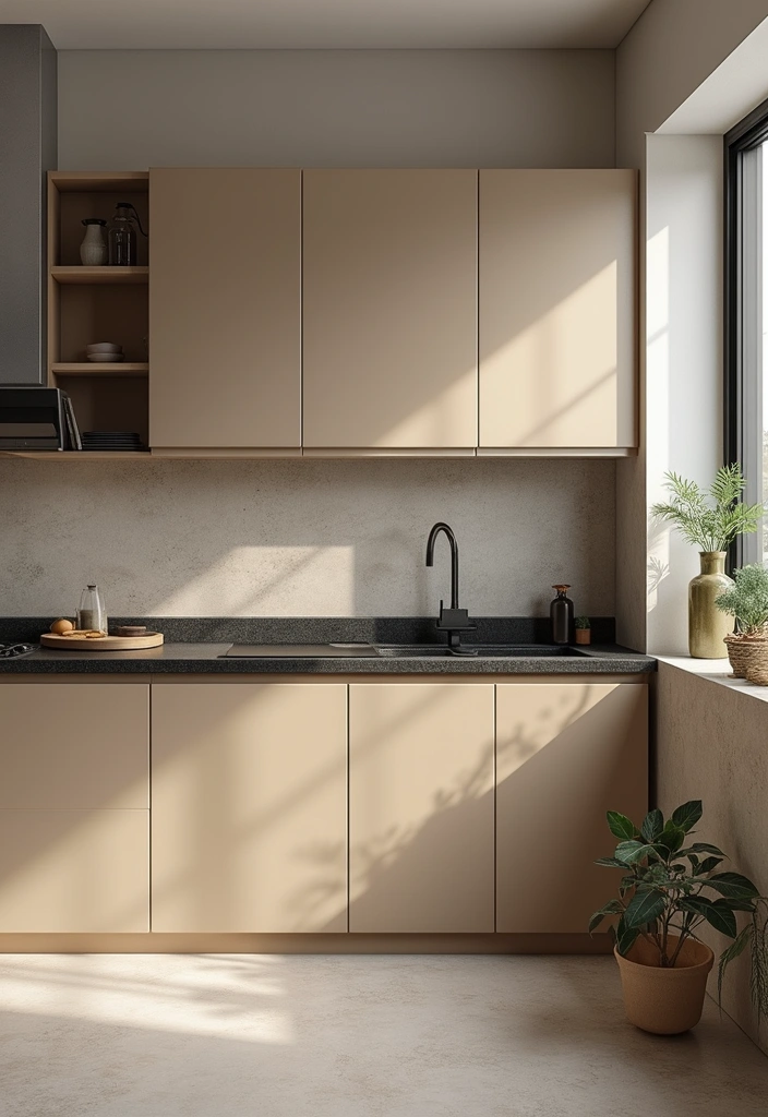 Calm Beige and Soft Gray Kitchen with Black Countertops