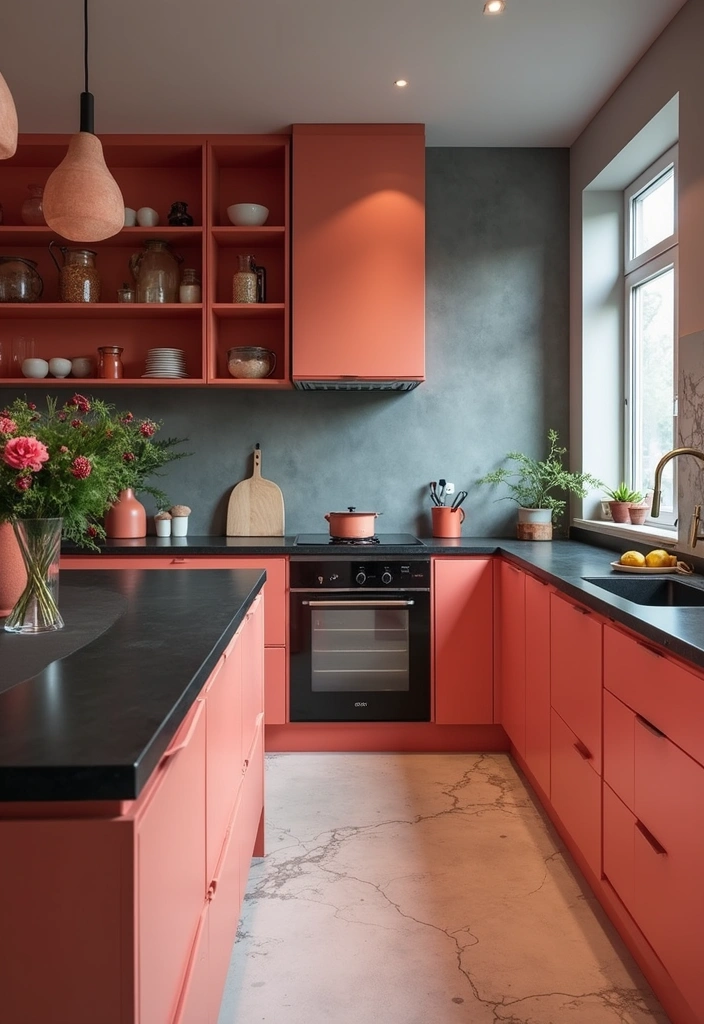 Vibrant Coral and Gray Kitchen with Black Countertops
