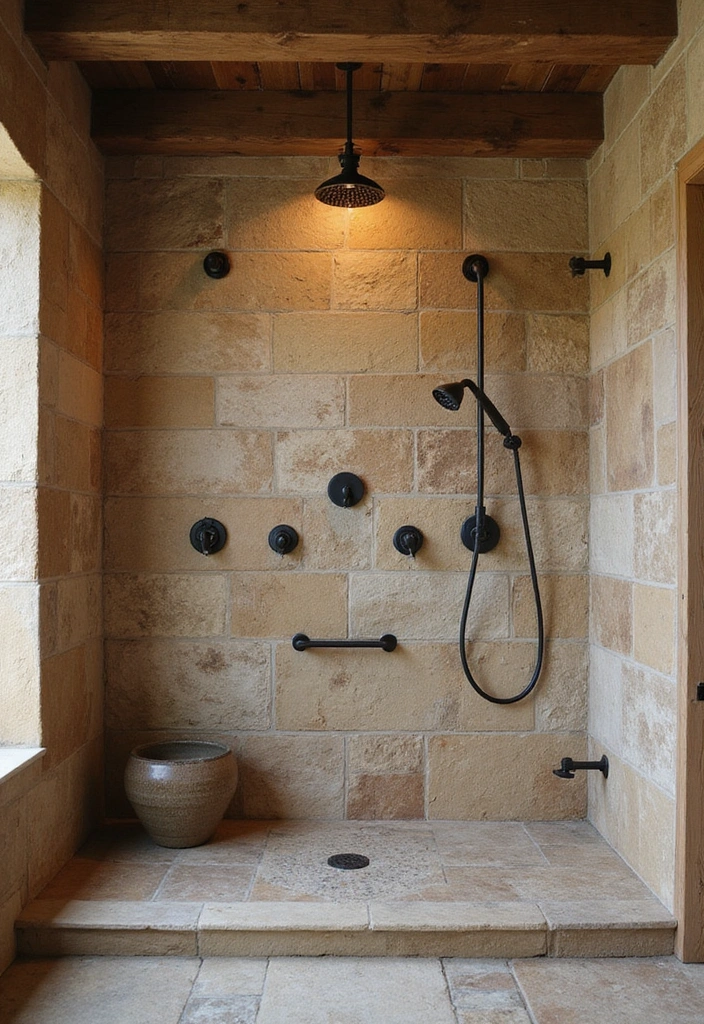 Spa-Inspired Shower Setups in Rustic Bathroom
