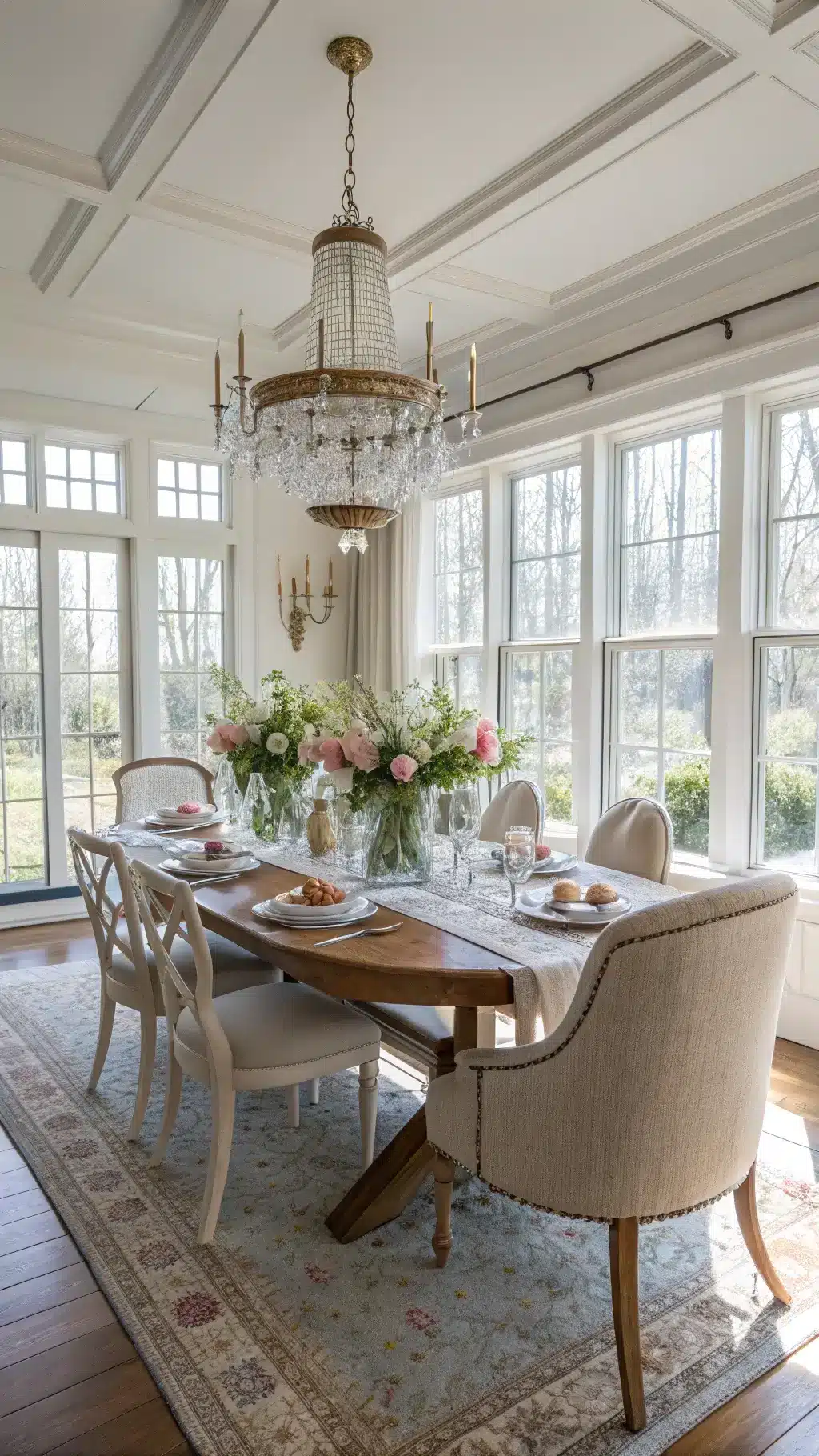 Elegant Easter-themed dining room in modern farmhouse style with oak table, brass bunny figurines, hand-painted ceramic eggs, and floral centerpiece in carrot-wrapped vase