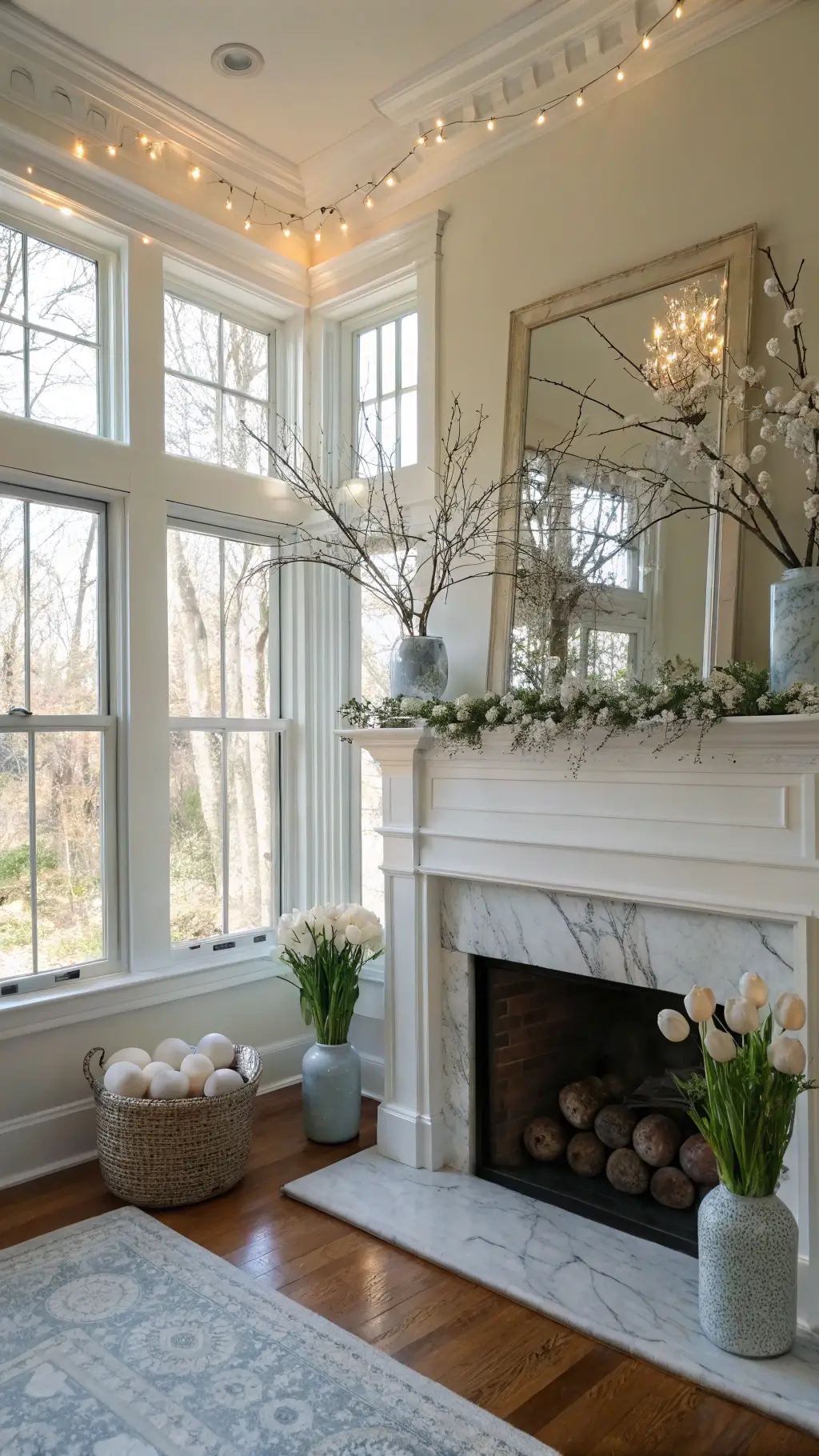 Sunlit living room with high ceilings, large windows, marble fireplace mantel decorated with robin eggs and cherry blossoms, vases of white tulips and pussy willows on a creamy background