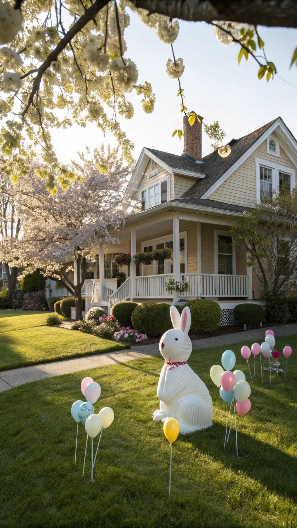 Victorian home with wraparound porch during golden hour featuring a pearl white inflatable Easter bunny centerpiece framed by cherry blossoms and pastel-colored egg stakes on manicured lawn