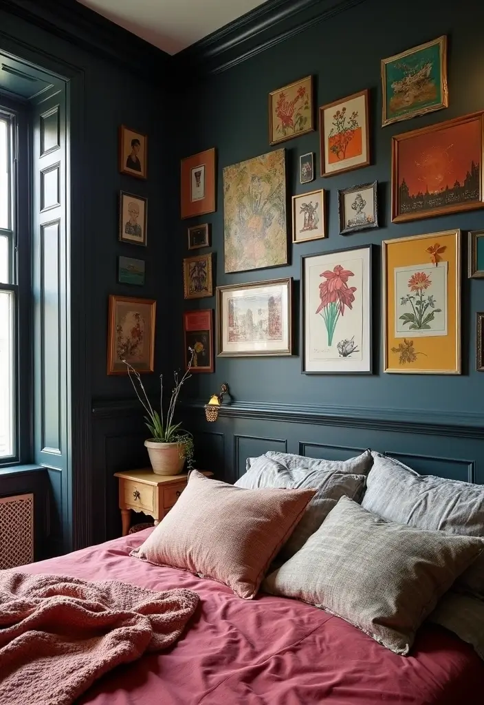 Layered Artistic Display in a Dark Bedroom