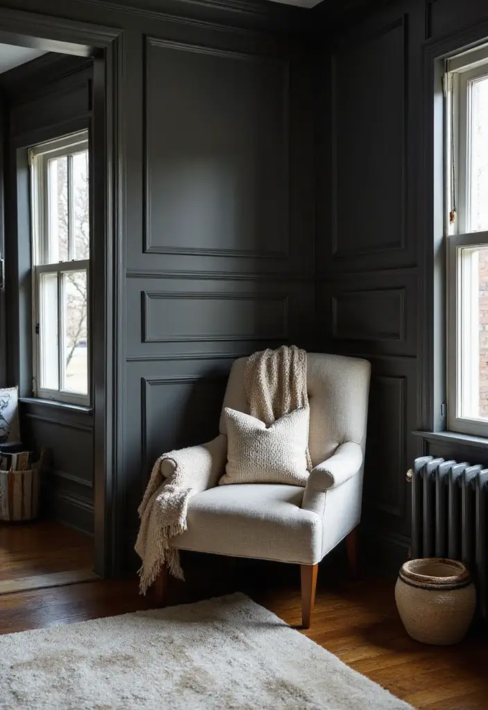 Intimate Reading Nook with Dark Wainscoting