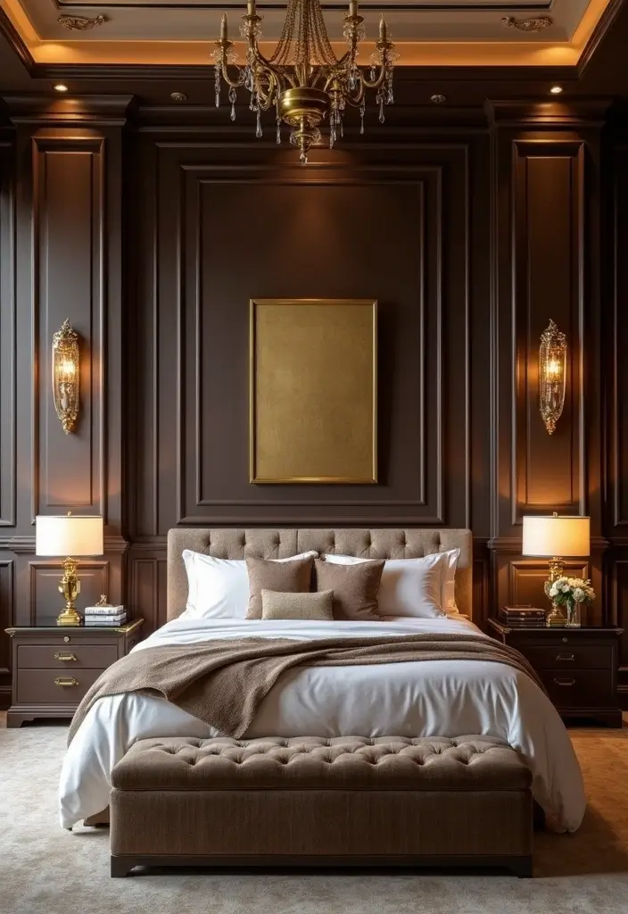 Luxurious Dark Brown Wainscoting with Gilded Details